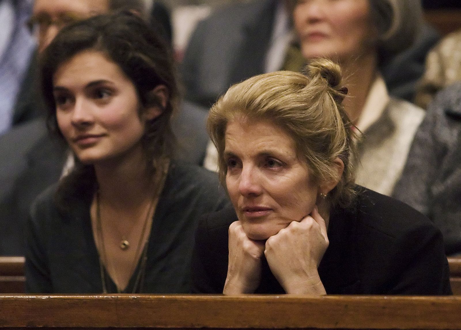 Caroline Kennedy Schlossberg and her daughter Rose listen during a special convocation ceremony in Cambridge