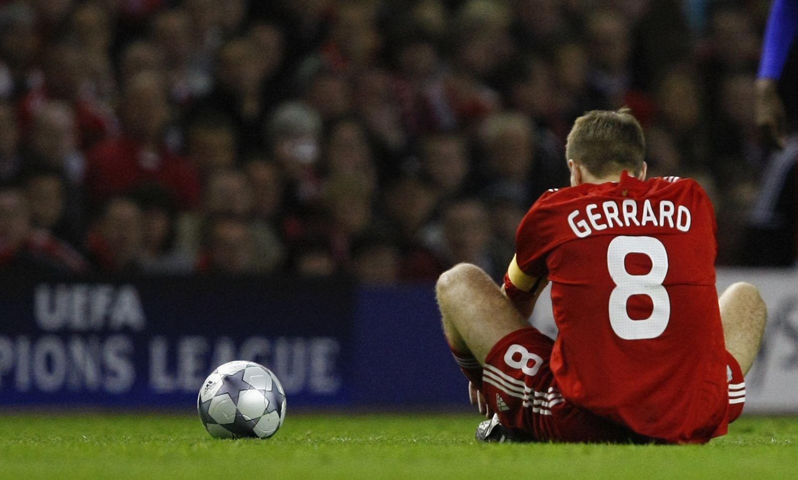 Liverpool's Gerrard reacts during their Champions League soccer match against Chelsea in Liverpool
