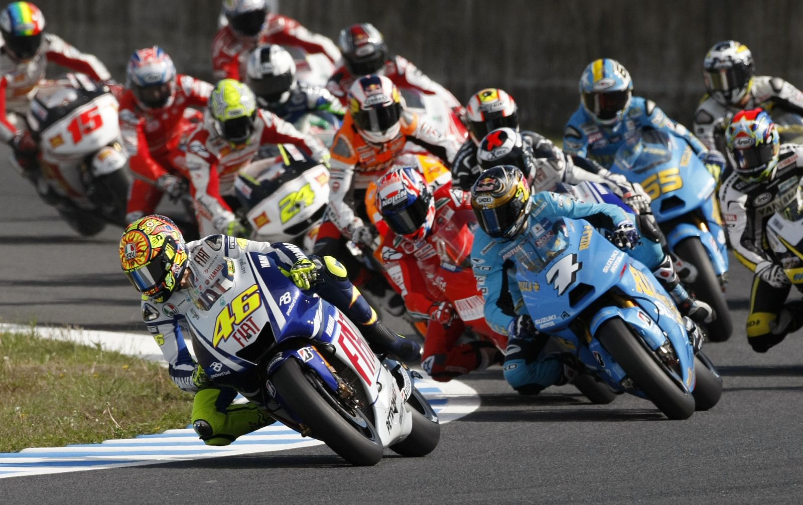 Yamaha MotoGP rider Valentino Rossi of Italy leads pack of riders during the Japanese Grand Prix in Motegi