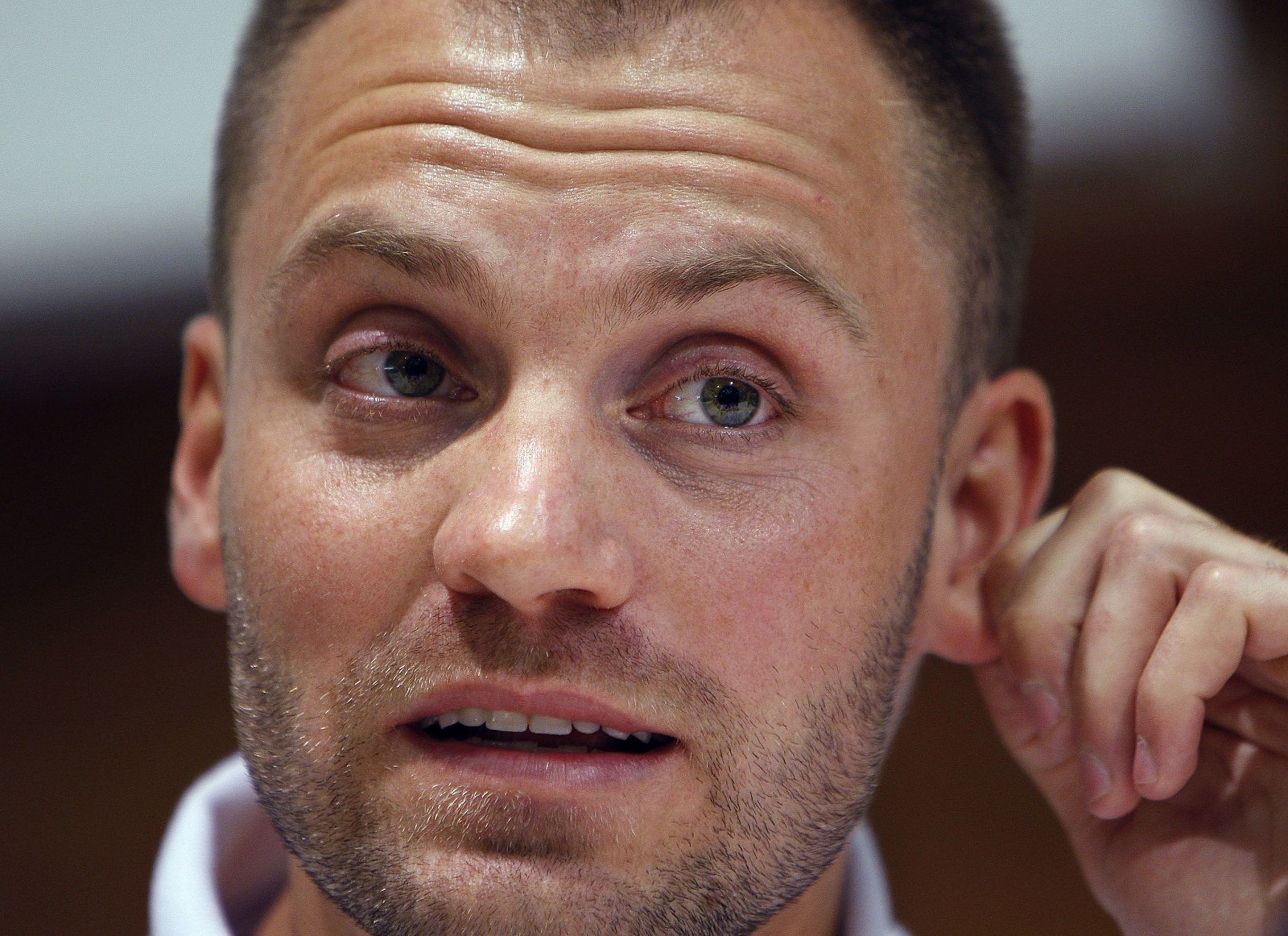 Aspar Aprilia 250cc rider Gabor Talmacsi of Hungary speaks during a news conference in Budapest