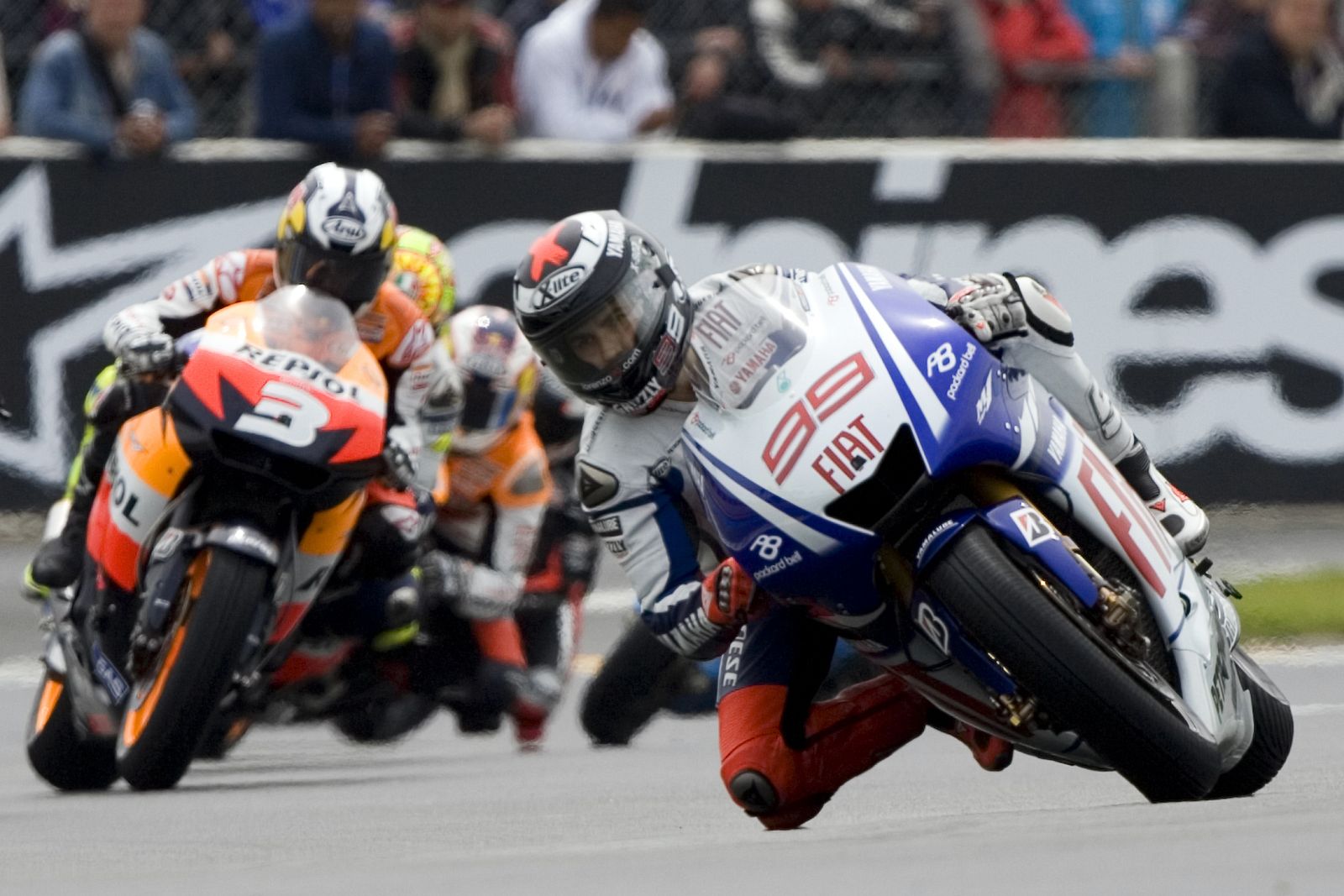 Yamaha MotoGP rider Jorge Lorenzo of Spain leads the pack during the French motorcycling Grand Prix at the Le Mans circuit