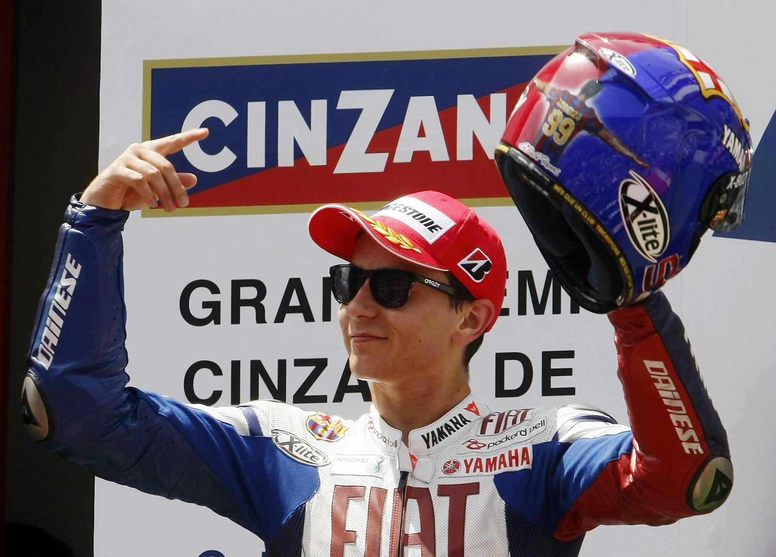 Yamaha MotoGP rider Lorenzo of Spain celebrates after taking second place in the Catalunya Motorcycling Grand Prix in Montmelo