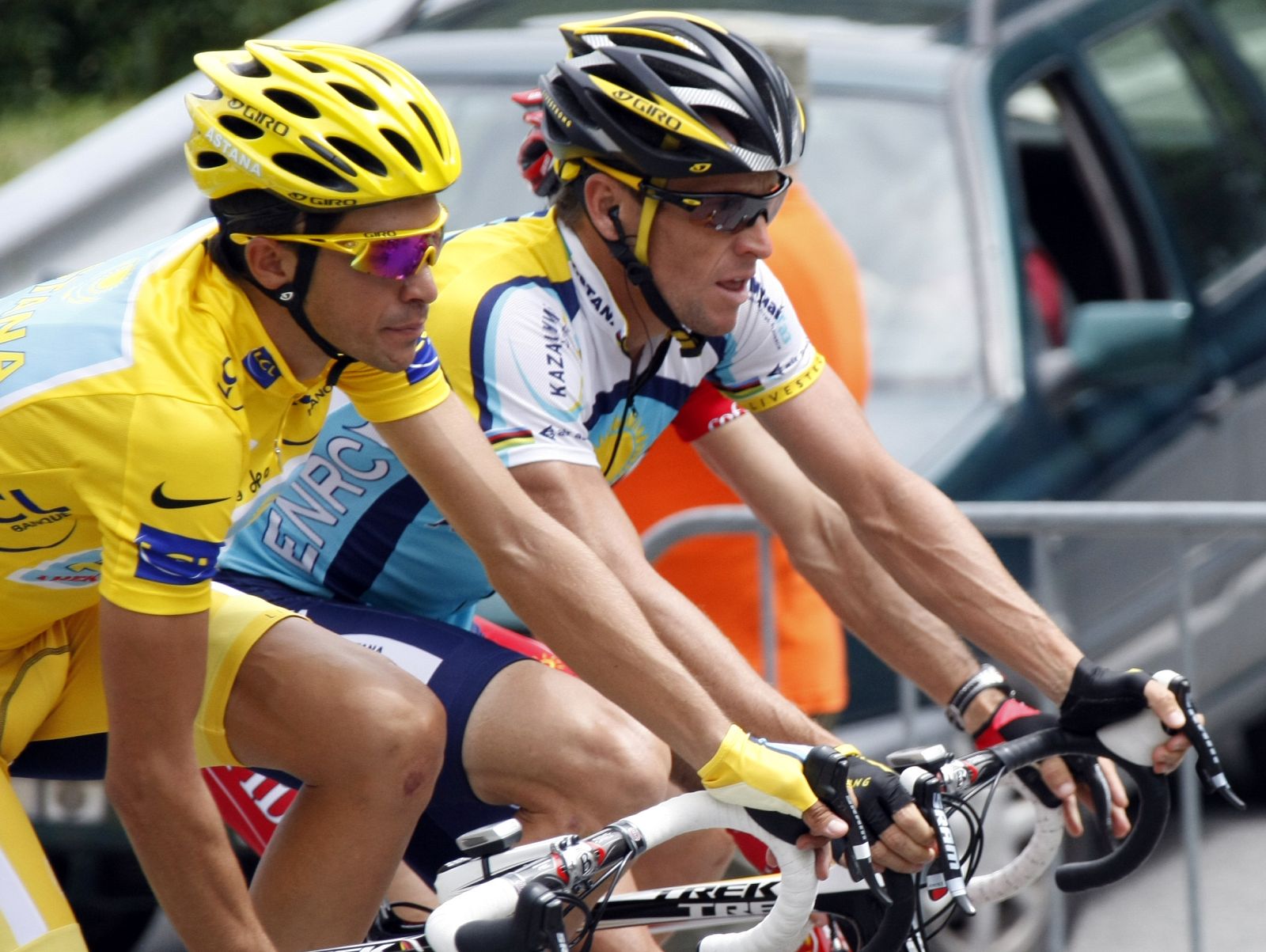 Astana rider Contador cycles with teammate Armstrong after the start of the 16th stage of the 96th Tour de France cycling race between Martigny and Bourg Saint Maurice