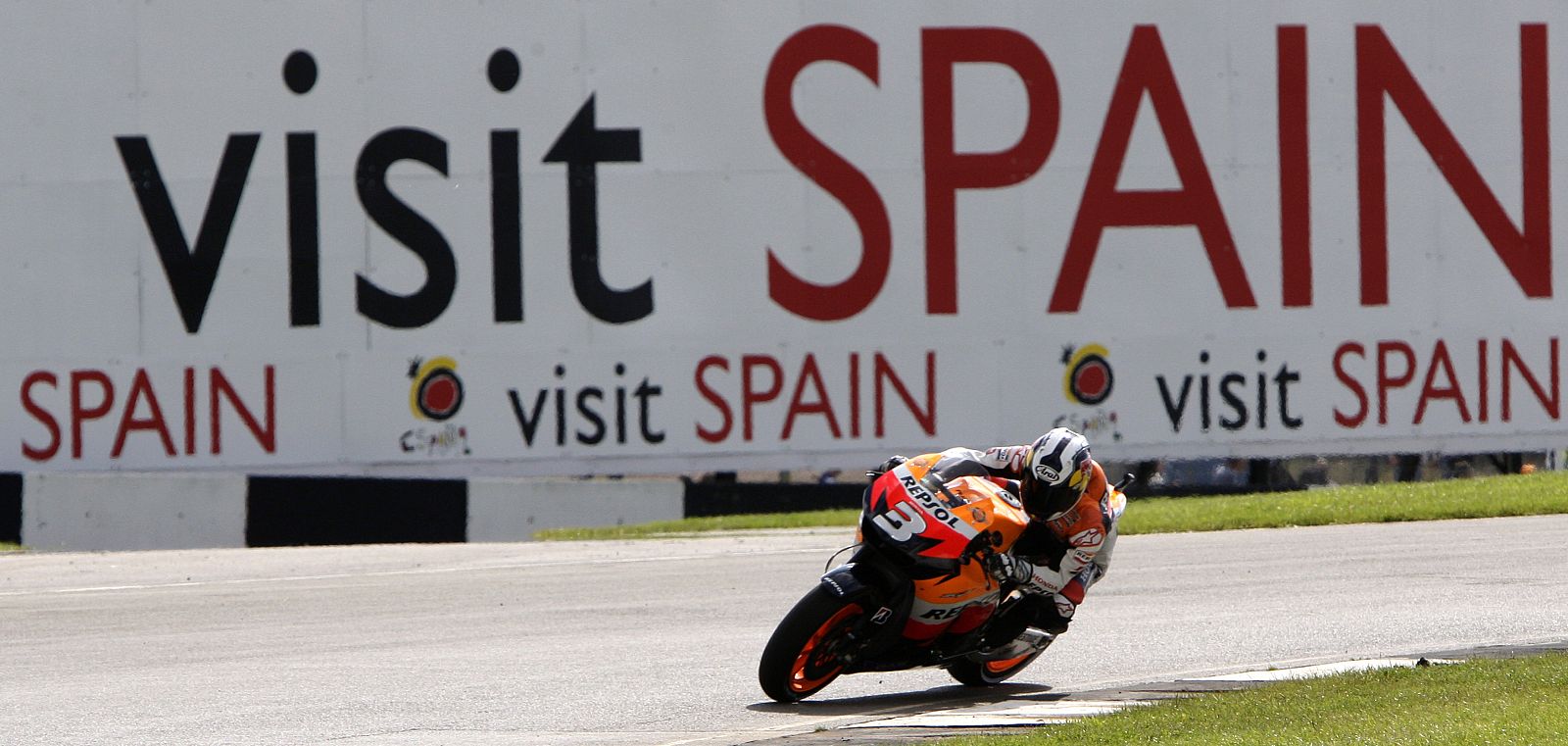 Honda MotoGP rider Dani Pedrosa of Spain corners during a British Motorcycling Grand Prix practice session at the Donington Park circuit