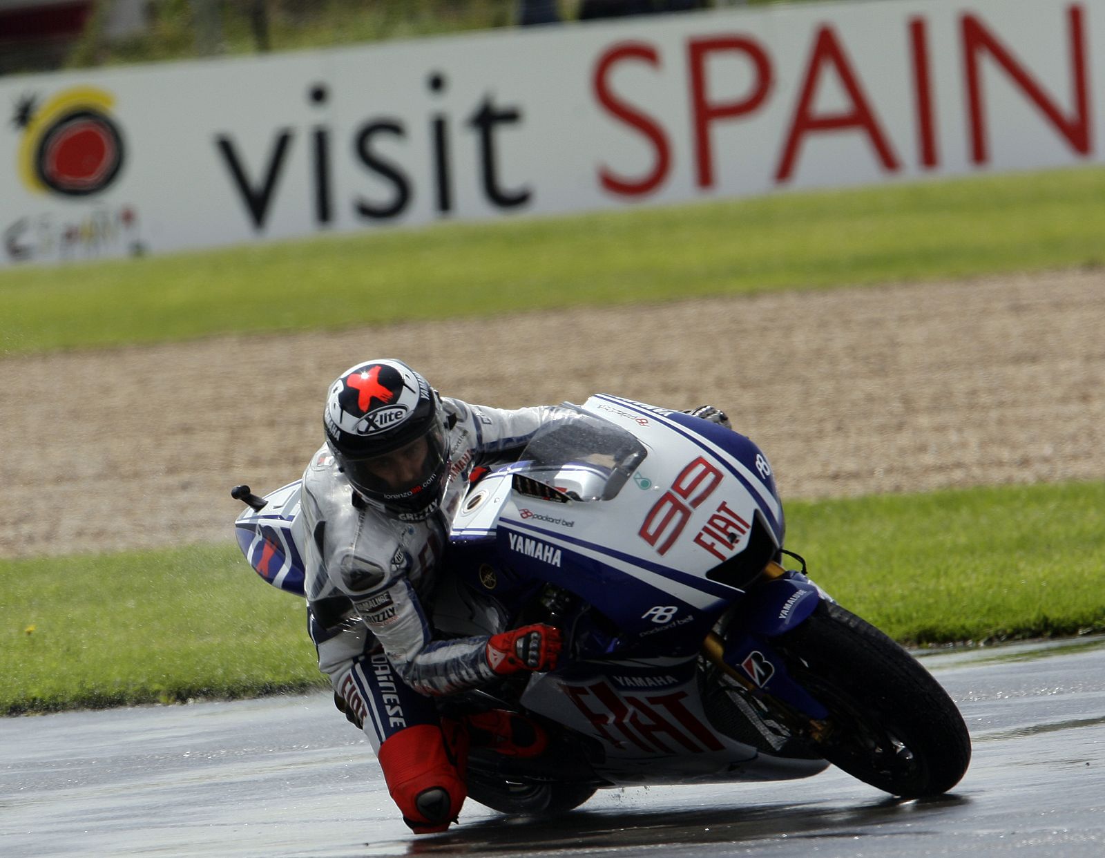 Yamaha MotoGP rider Lorenzo of Spain goes wide during a British Motorcycling Grand Prix practice session at the Donington Park circuit
