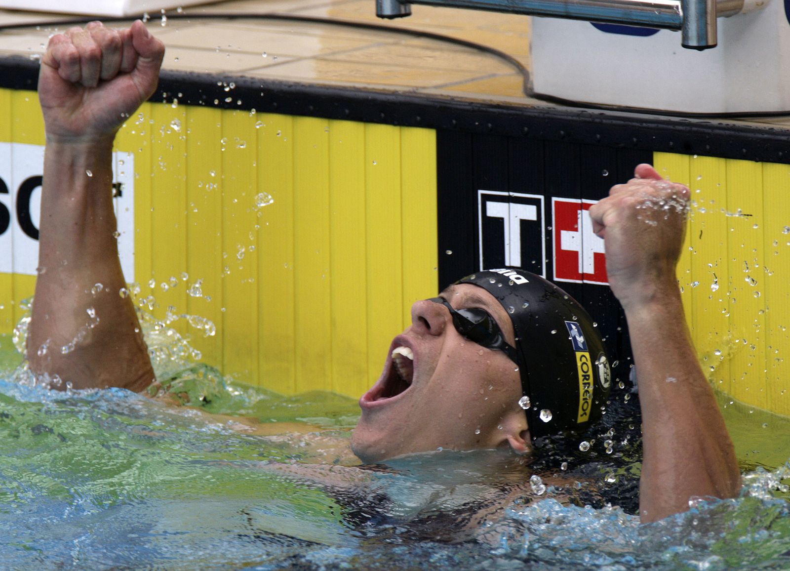 Cielo celebrates after setting new South American record in the men's 100m freestyle swimming final at the Maria Lenk trophy in Rio de Janeiro