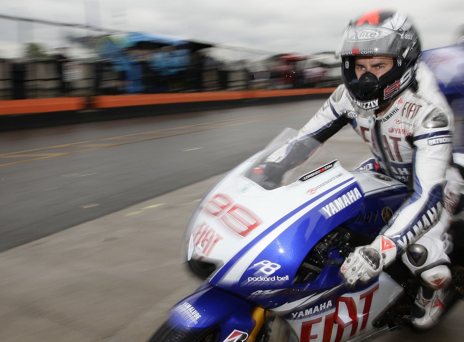 Yamaha MotoGP rider Lorenzo of Spain exits his garage during the British Motorcycling Grand Prix warm-up session at the Donington Park circuit