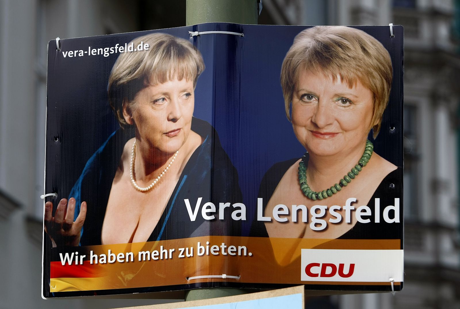 An election campaign poster for the upcoming general election shows German Chancellor Merkel of CDU and candidate of the CDU at Berlin's Friedrichshain-Kreuzberg district Lengsfeld in Berlin