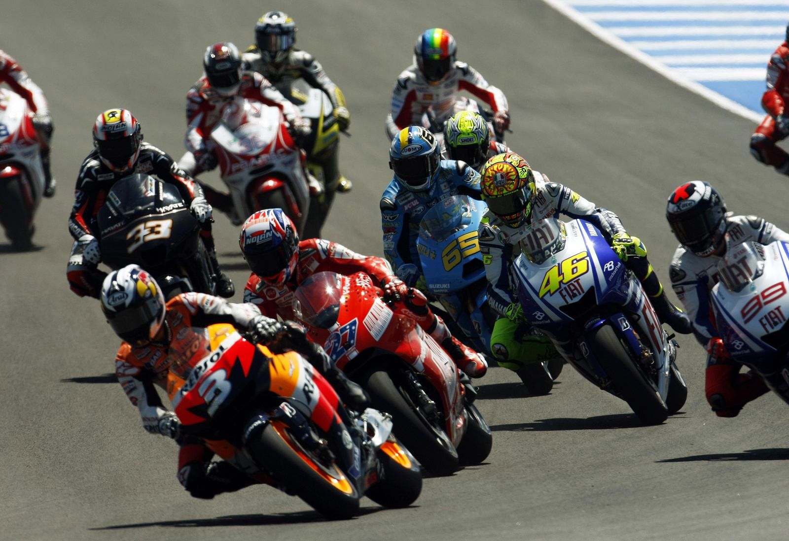 Honda MotoGP rider Pedrosa of Spain leads the pack at the start of the race during the Spanish Motorcycling GP