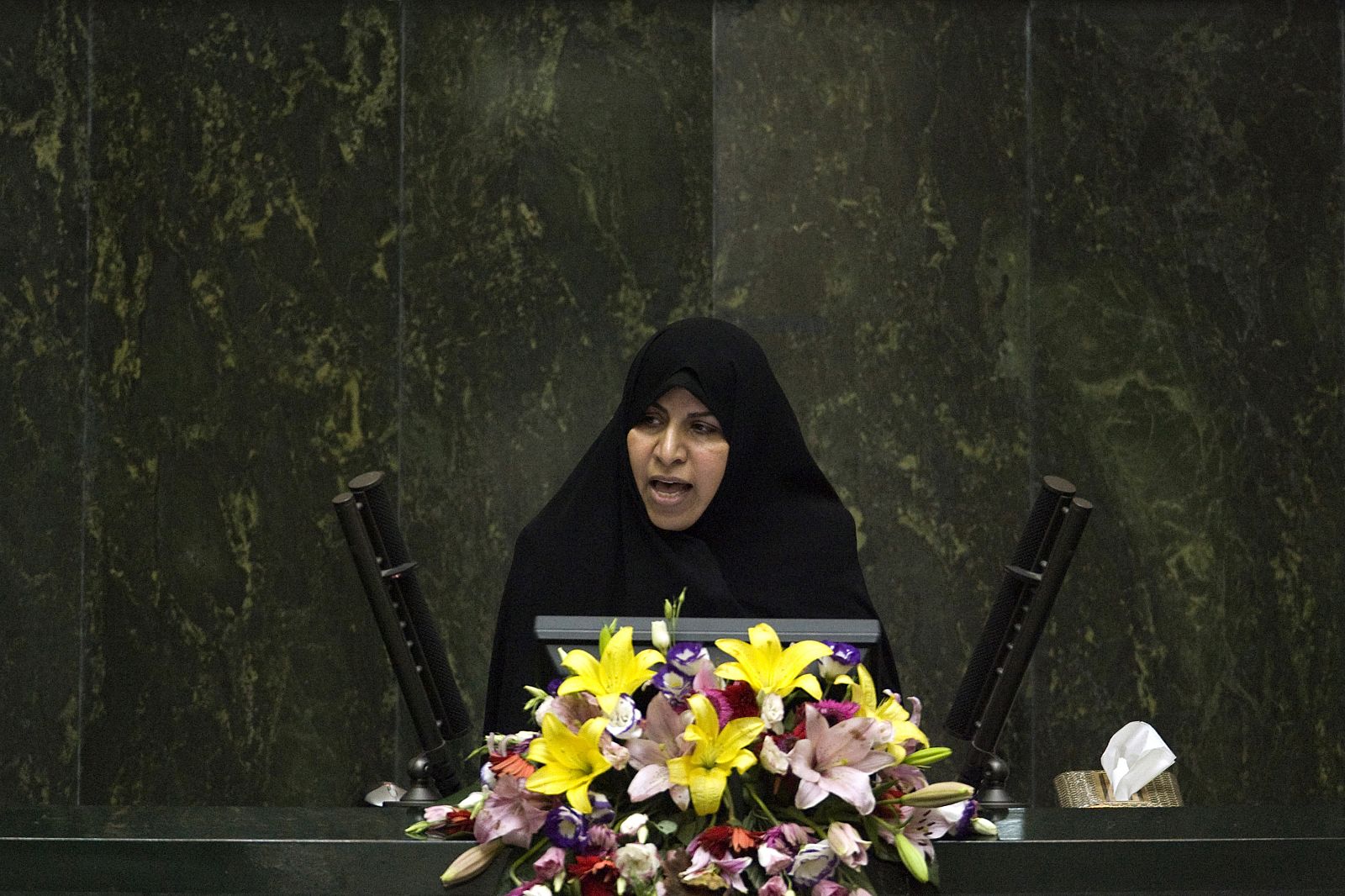 Nominee for Health Minister Marzieh Vahid-Dastjerdi speaks to lawmakers in parliament in Tehran