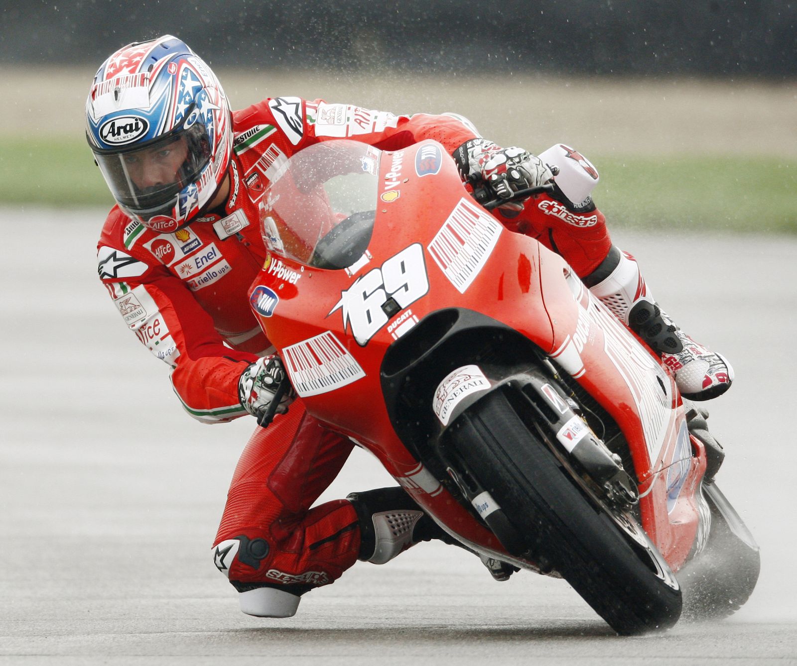 Nicky Hayden practices in the rain for the Indianapolis Grand Prix at the Indianapolis Motor Speedway