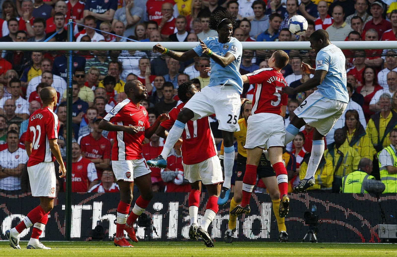 Manchester City's Richards heads the ball to score his side's first goal during their English Premier League soccer match against Arsenal in Manchester