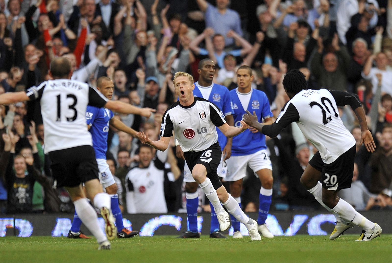 Fulham's Duff celebrates after scoring a goal against Everton during their English Premier League soccer match at Craven Cottage in London
