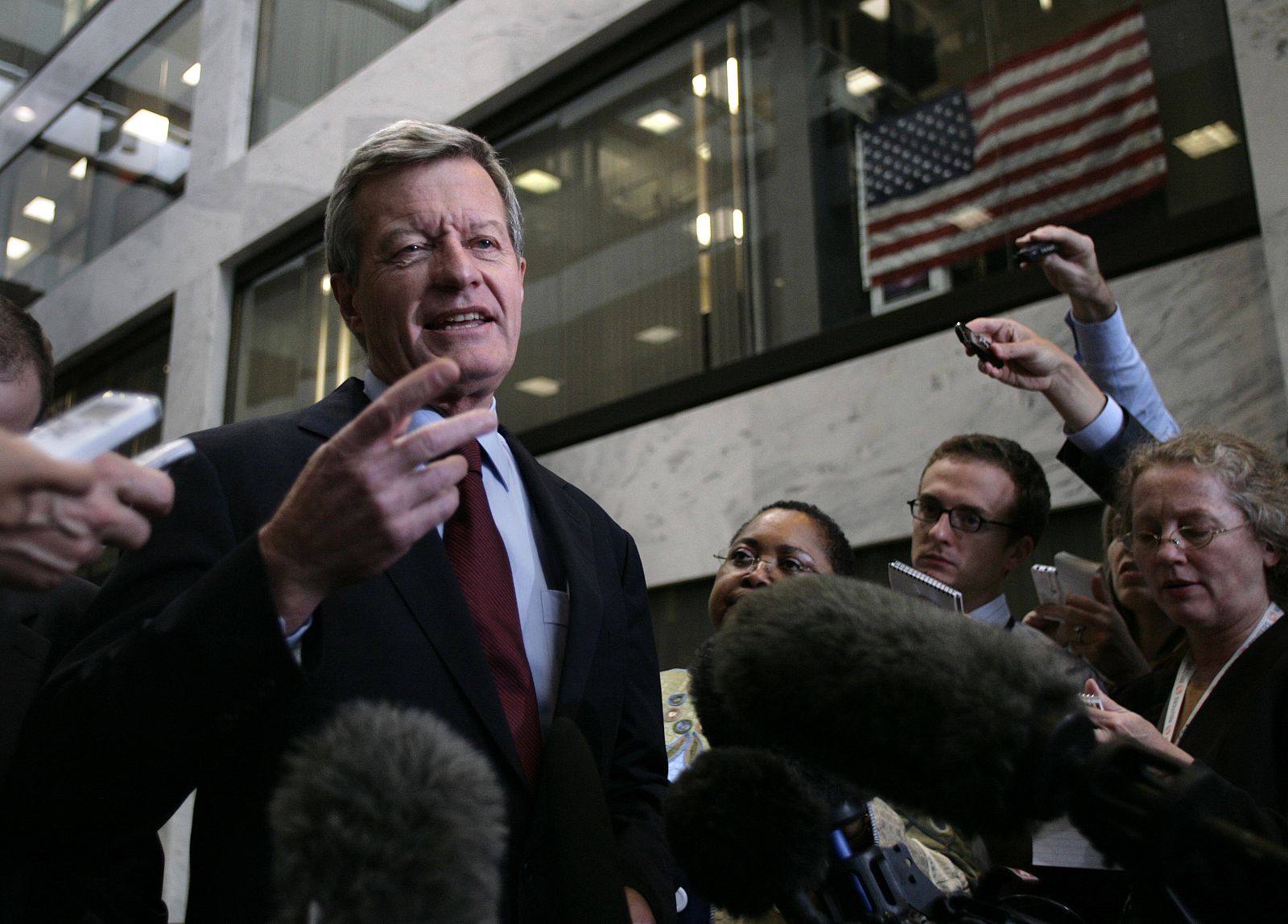 U.S. Senate Finance Committee Chairman Baucus talks to the media after the Senate's "Gang of Six" meeting on healthcare reform on Capitol Hill in Washington