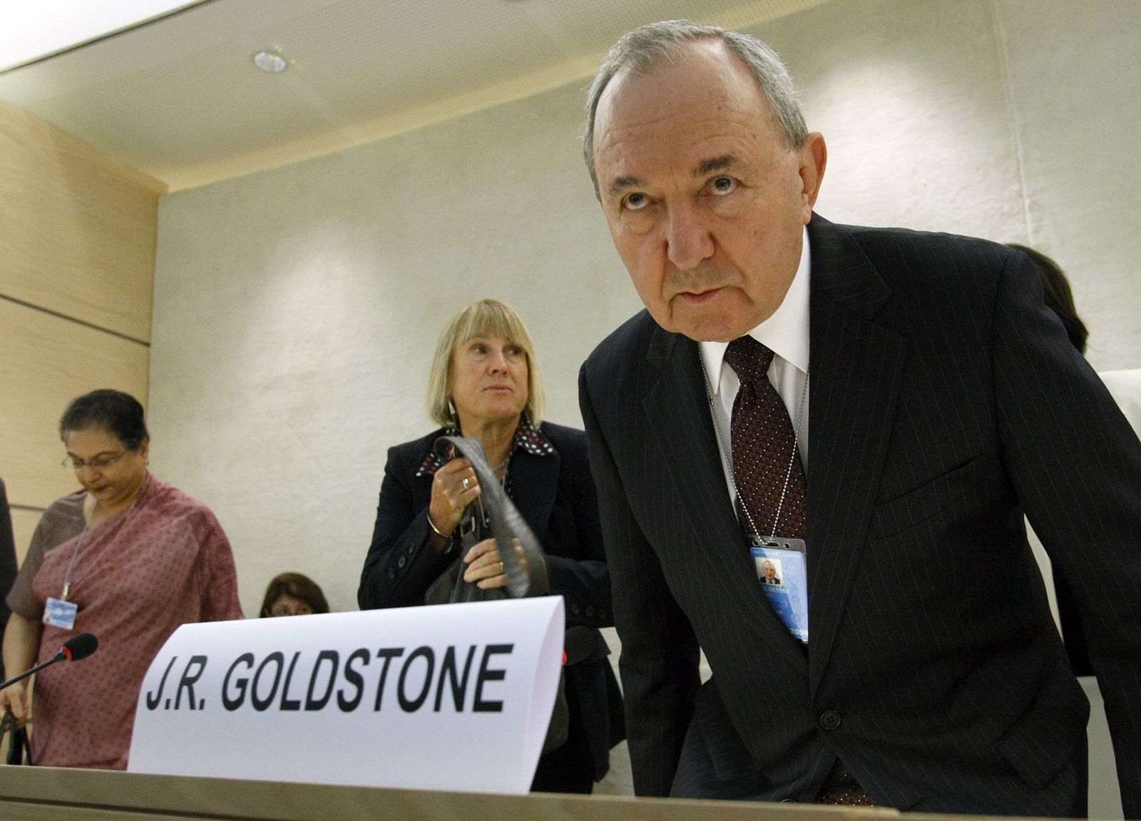 Goldstone Head of Fact Finding Mission on Gaza Conflict takes his seat during a session of  the Human Rights Council at the UN in Geneva