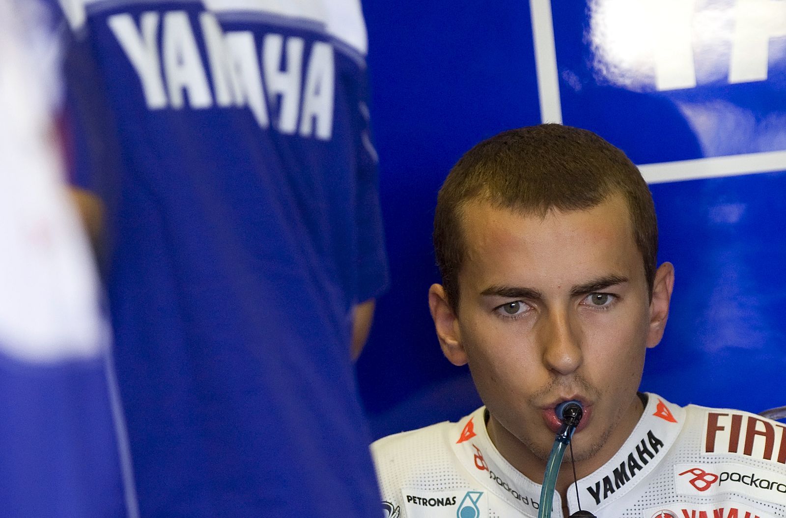 Yamaha MotoGP rider Lorenzo of Spain drinks during the second training session of the Italian Grand Prix at the Misano circuit