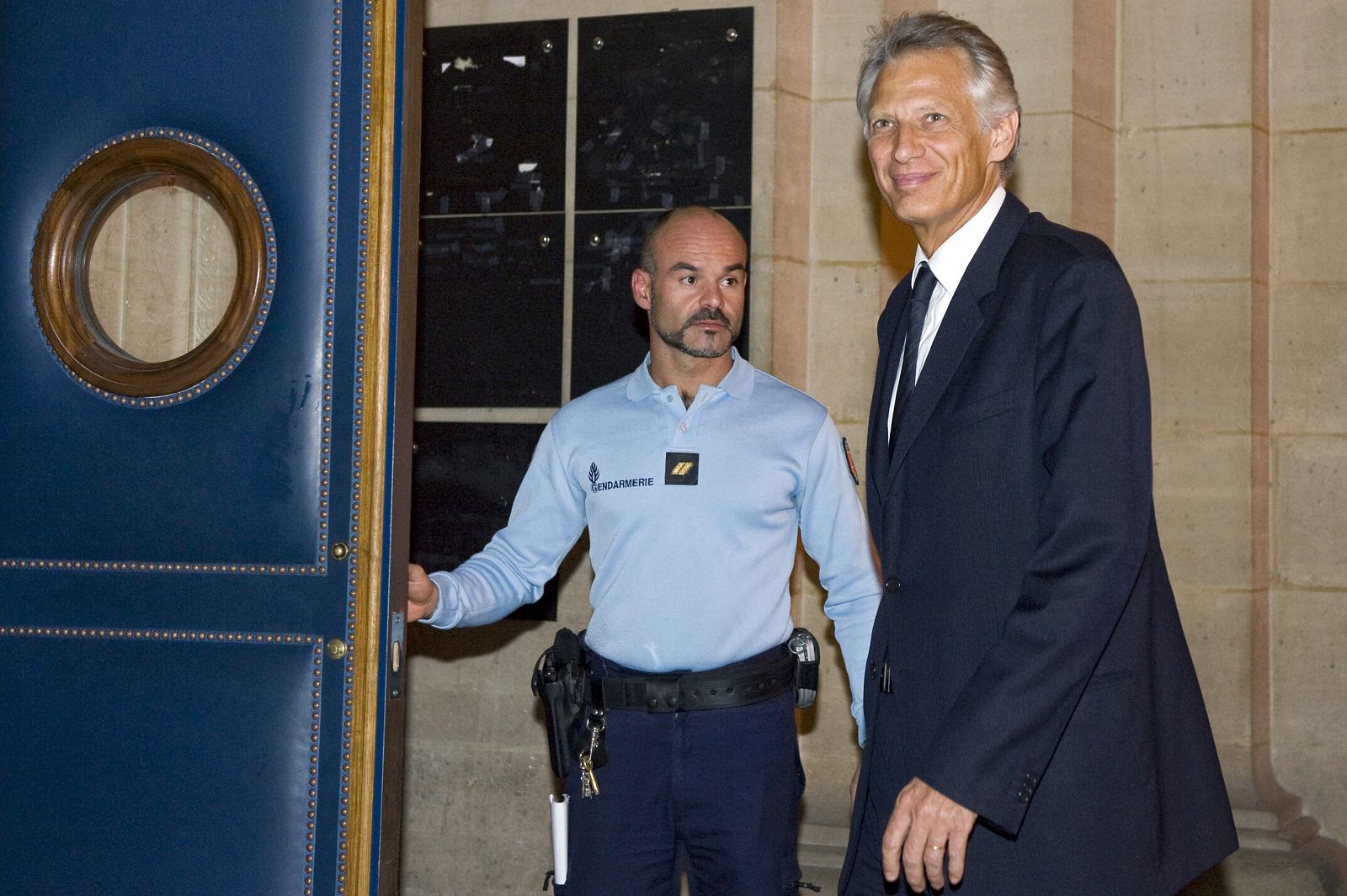 Former French Prime Minister Dominique de Villepin leaves the trial, called the "Clearstream Affair", at the courthouse in Paris