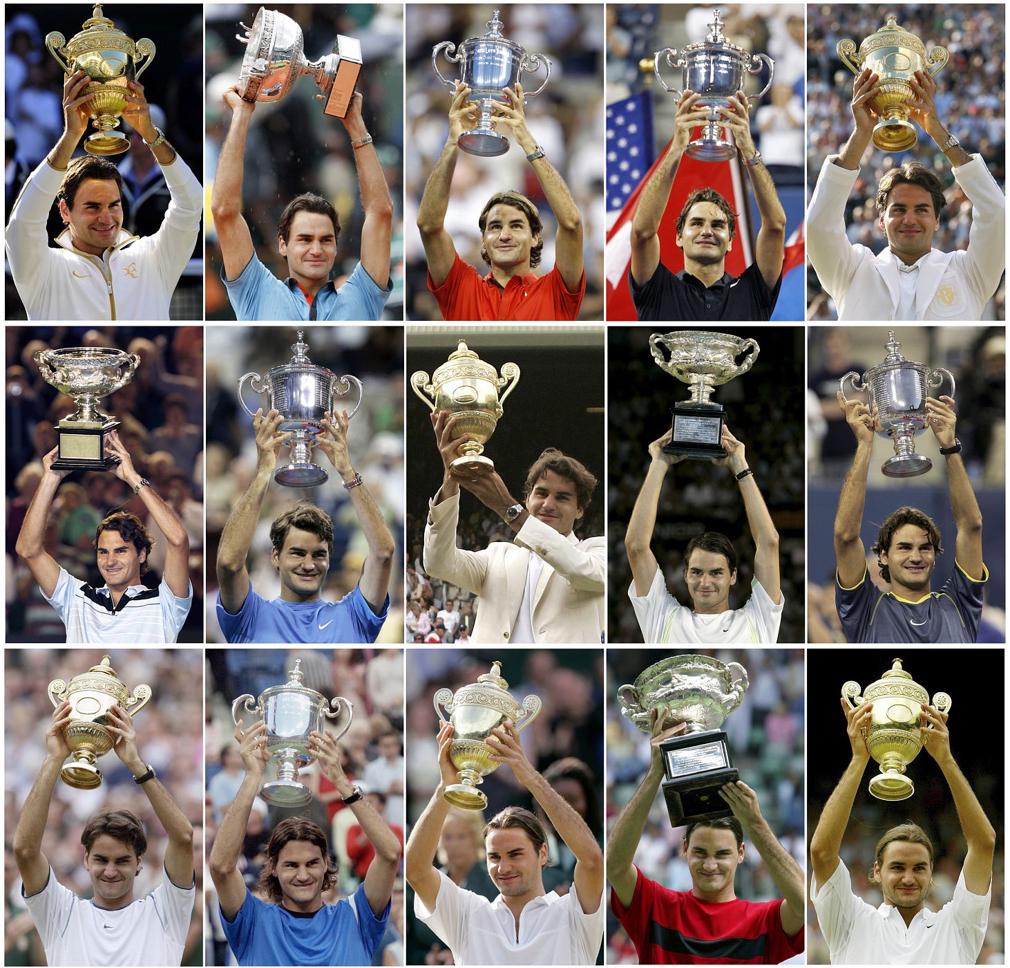 Combination photo of Roger Federer holding his 15 tennis Grand Slam trophies