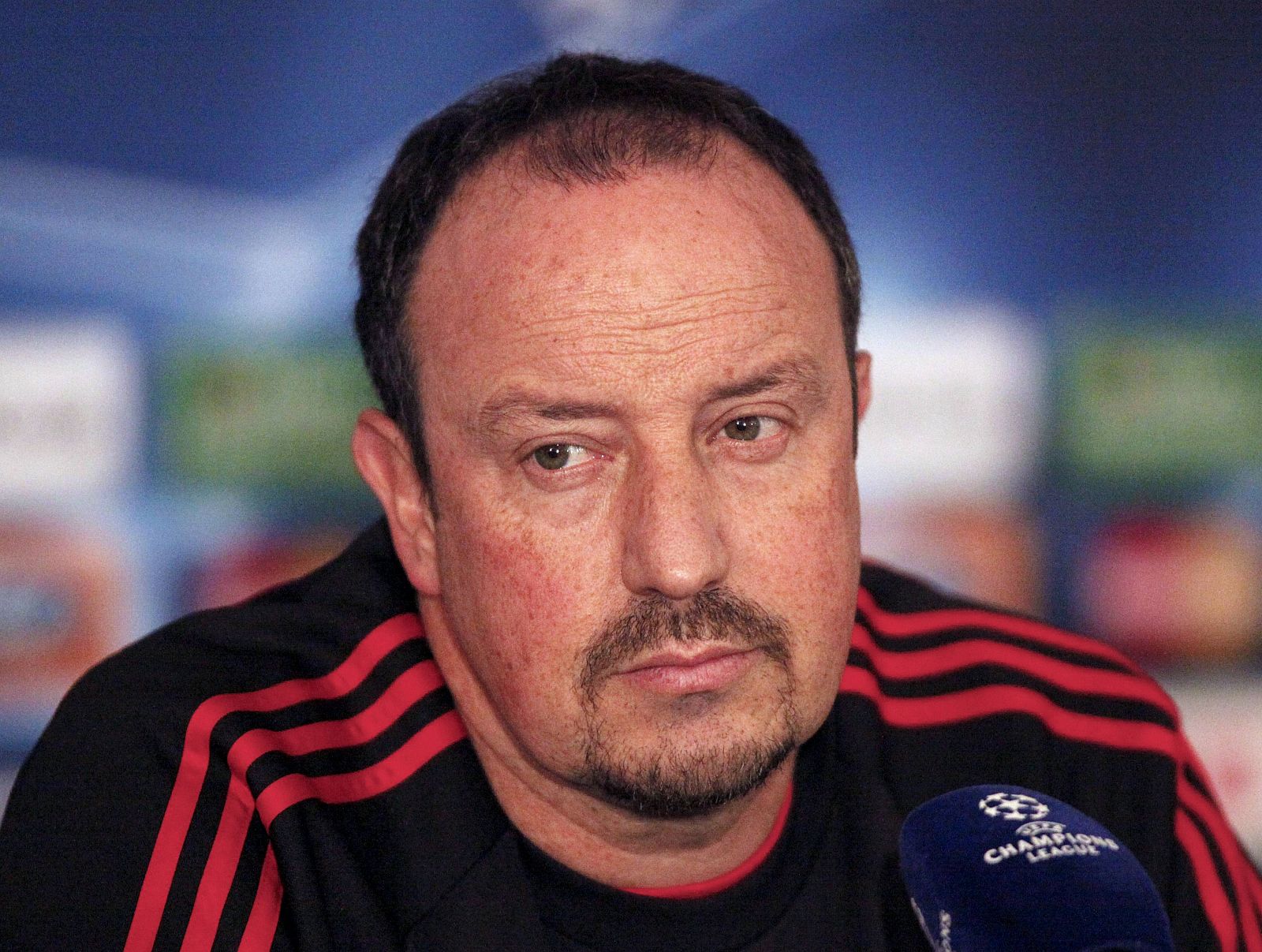 Liverpool's coach Rafael Benitez attends a news conference their training session at the Gerland stadium in Lyon