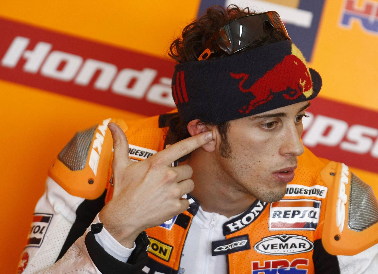 Honda MotoGP rider Dovizioso of Italy gestures before a free practice session for the Valencia Grand Prix