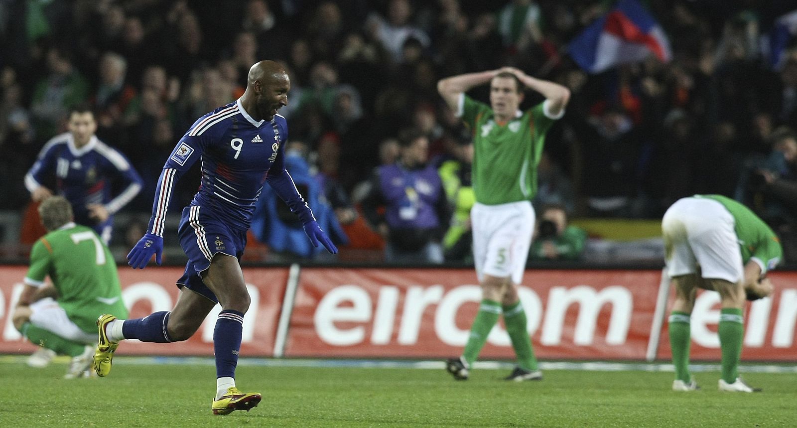 France's Nicolas Anelka celebrates scoring during the 2010 World Cup play off qualifying soccer match against Ireland at Croke Park Stadium in Dublin