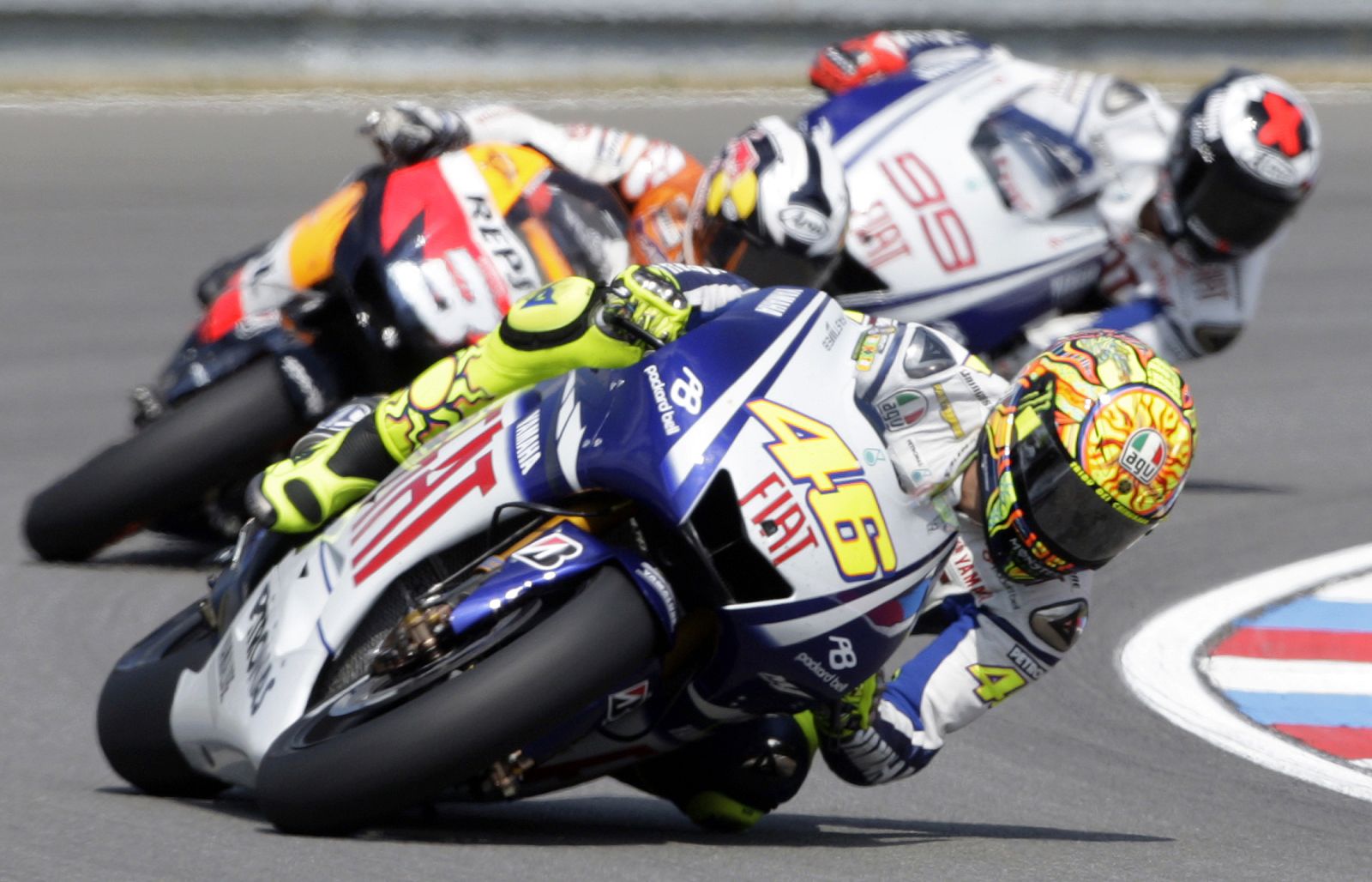 Yamaha's Rossi is followed by Honda's Pedrosa and Yamaha's Lorenzo in early laps of the Czech Republic Grand Prix in Brno