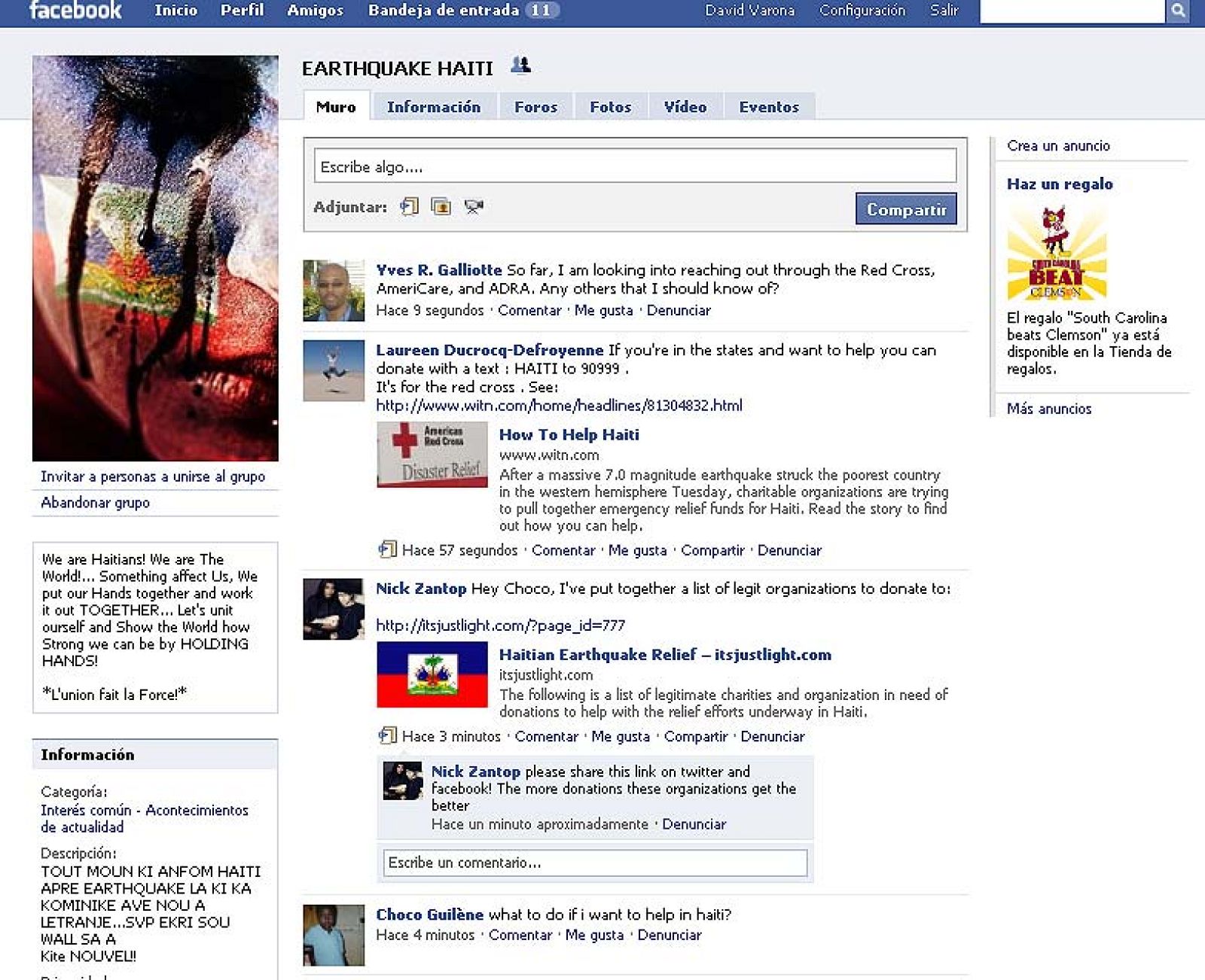 Portada de uno de los grupos de apoyo a Haiti en Facebook