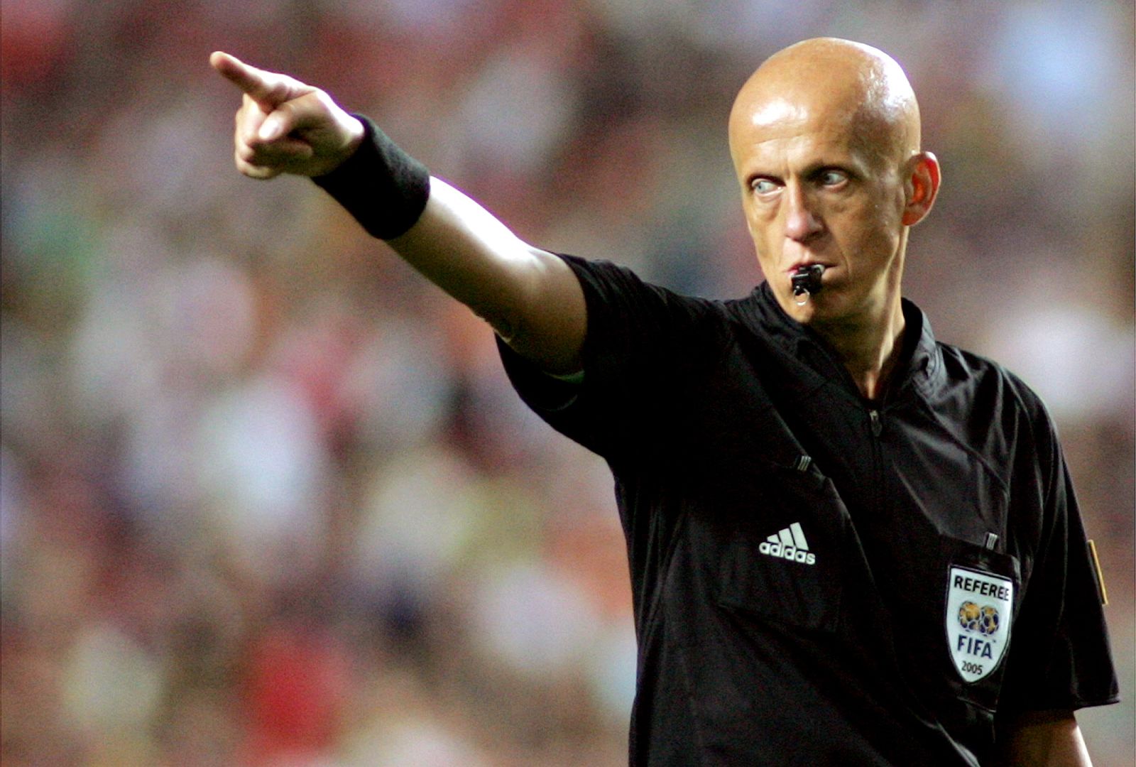 Referee Collina whistles a foul during the World Cup European Zone Group Three qualifying match ...