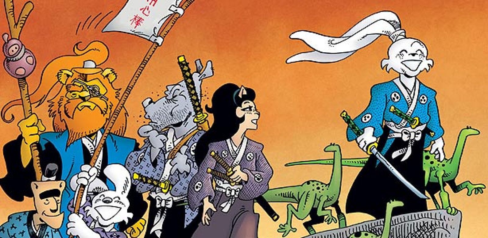 El conejo Samurai rodeado de los secundarios de la serie