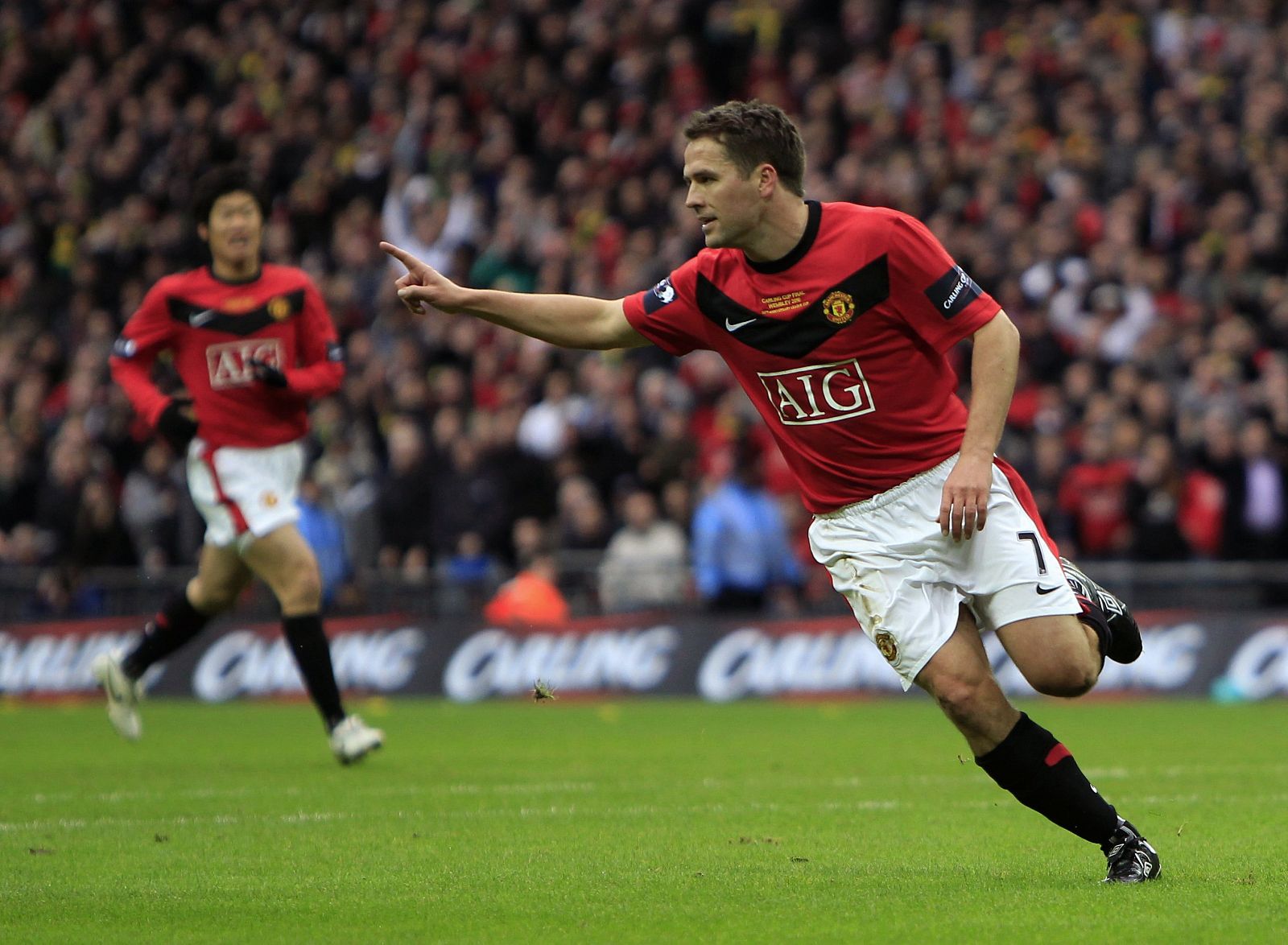 Manchester United's Owen celebrates after scoring his goal against Aston Villa in London
