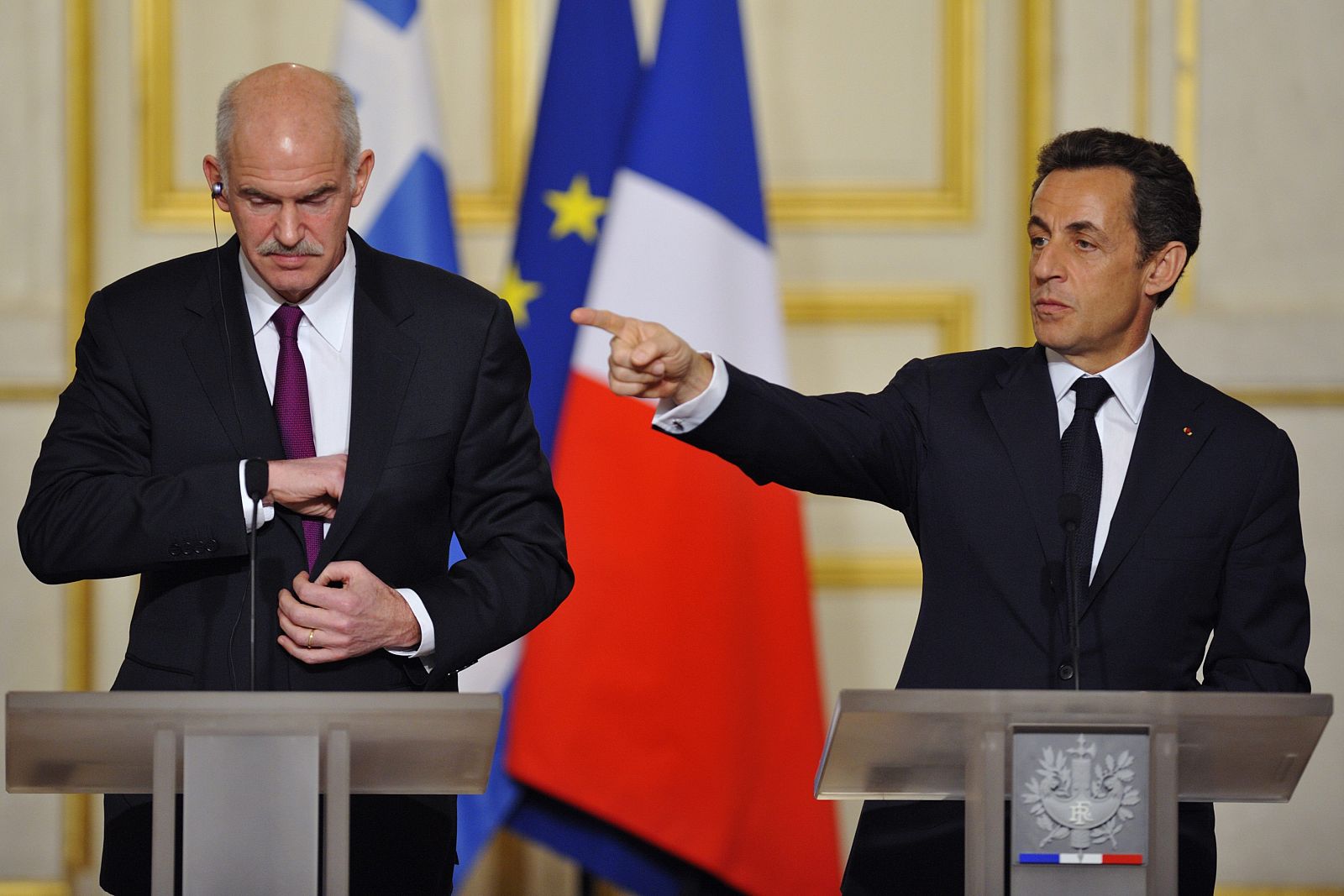 France's President Sarkozy and Greece's PM Papandreou attends a news conference at the Elysee palace in Paris