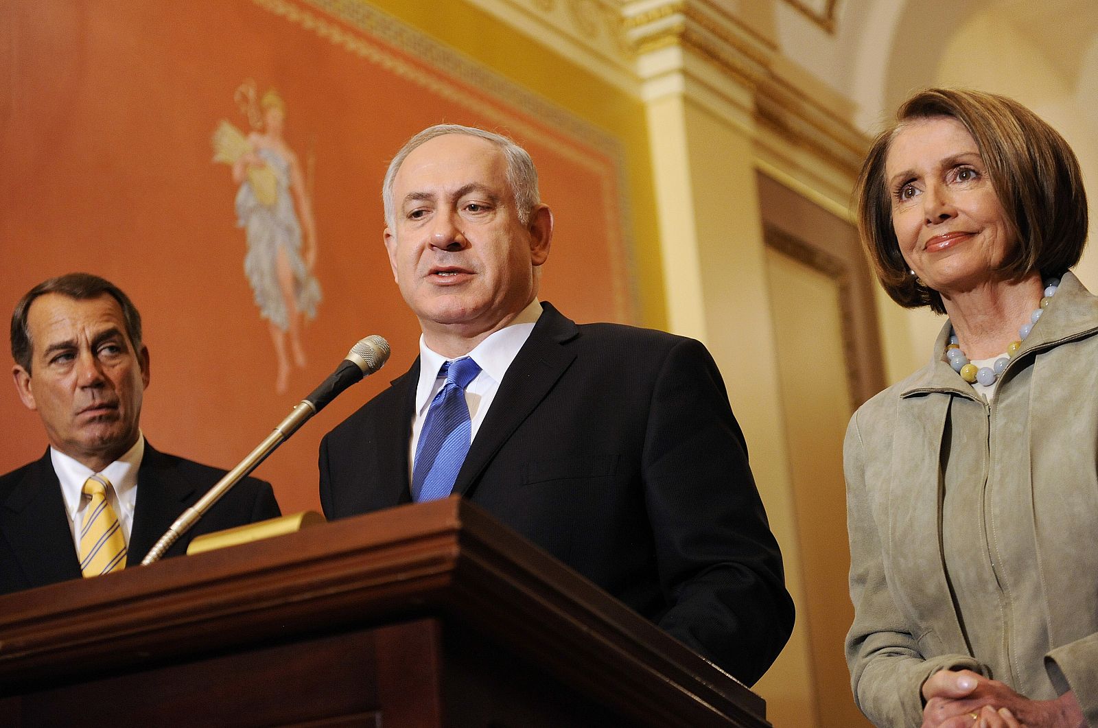 Netanyahu makes remarks to reporters before meeting with Boehner and Pelosi at the U.S. Capitol in Washington