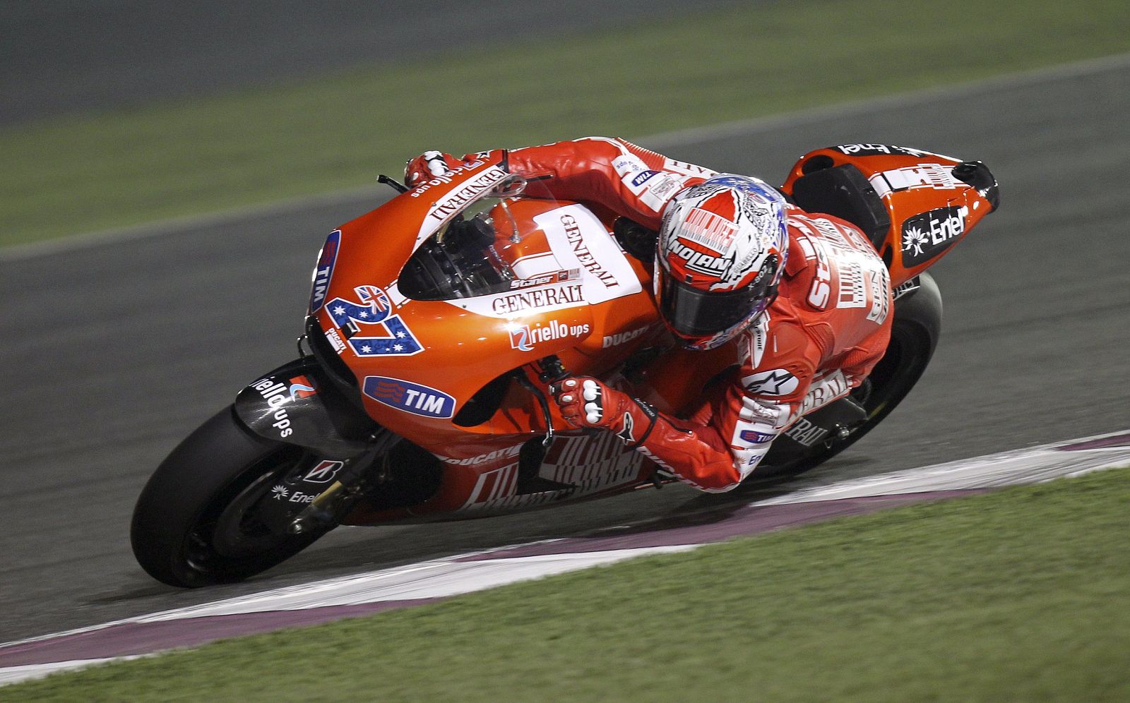 Ducati MotoGP rider Casey Stoner of Australia rides his bike during a training session at the MotoGP World Championship