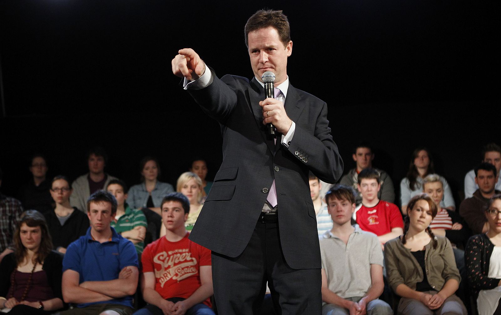 Britain's Liberal Democrat leader, Nick Clegg, speaks at a campaign event in Cardiff University