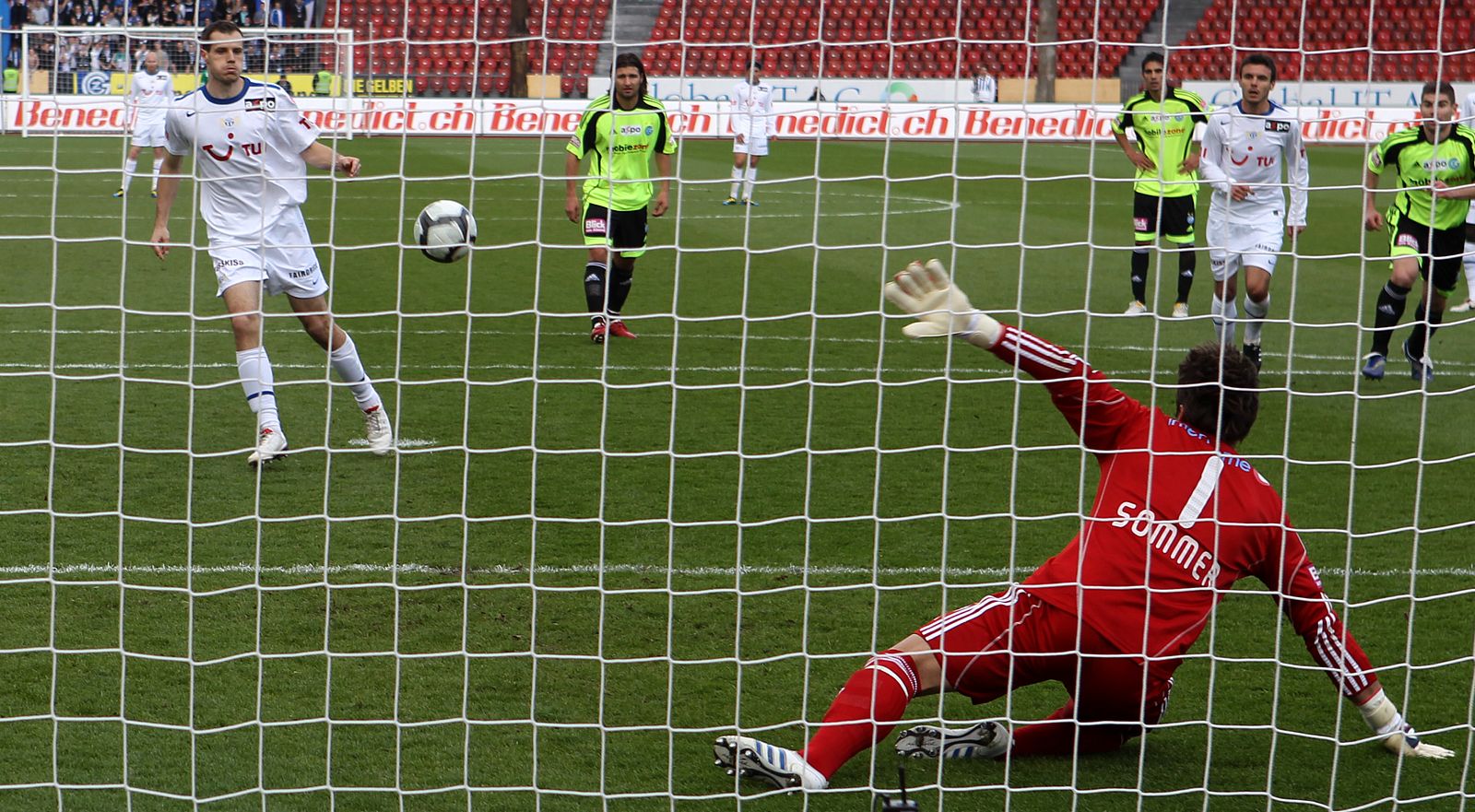 FC Zurich's Margairaz scores a penalty against goalkeeper Sommer of Grasshopper Club during their Swiss Super League soccer match in Zurich