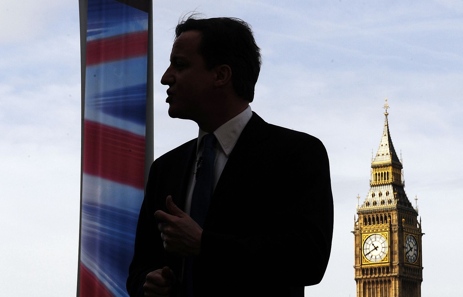 Britain's opposition Conservative Party leader Cameron addresses supporters near Big Ben and the Houses of Parliament in central London