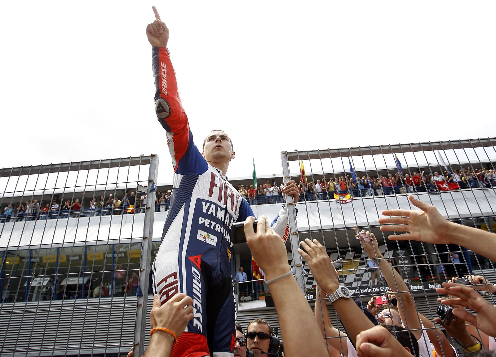 Yamaha MotoGP rider Jorge Lorenzo of Spain celebrates after winning the Spanish Grand Prix in Jerez