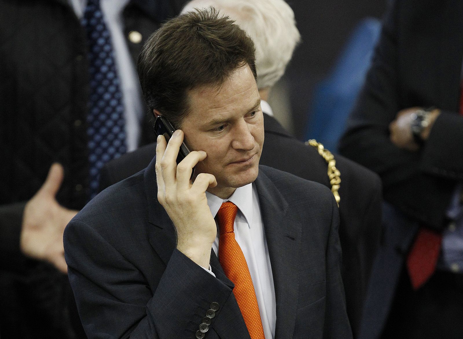 Britain's Liberal Democrat party leader Nick Clegg talks on a mobile telephone after arriving at the count in Sheffield