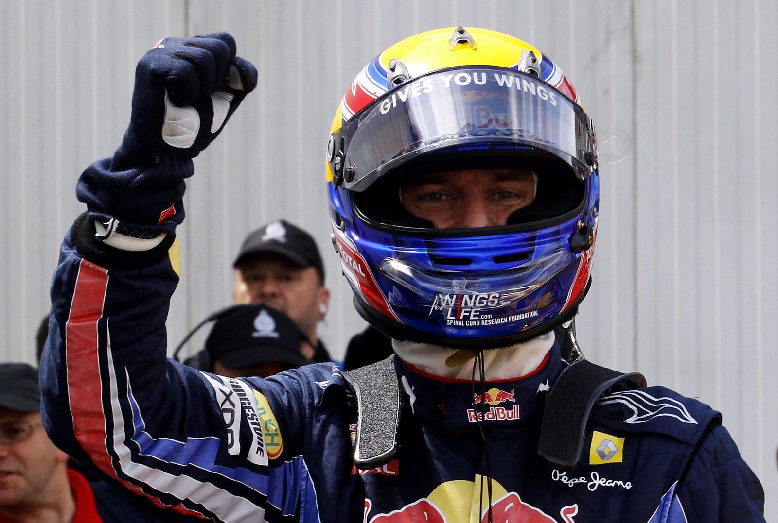 Red Bull Formula One driver Webber of Australia celebrates after getting pole position for the Monaco F1 Grand Prix