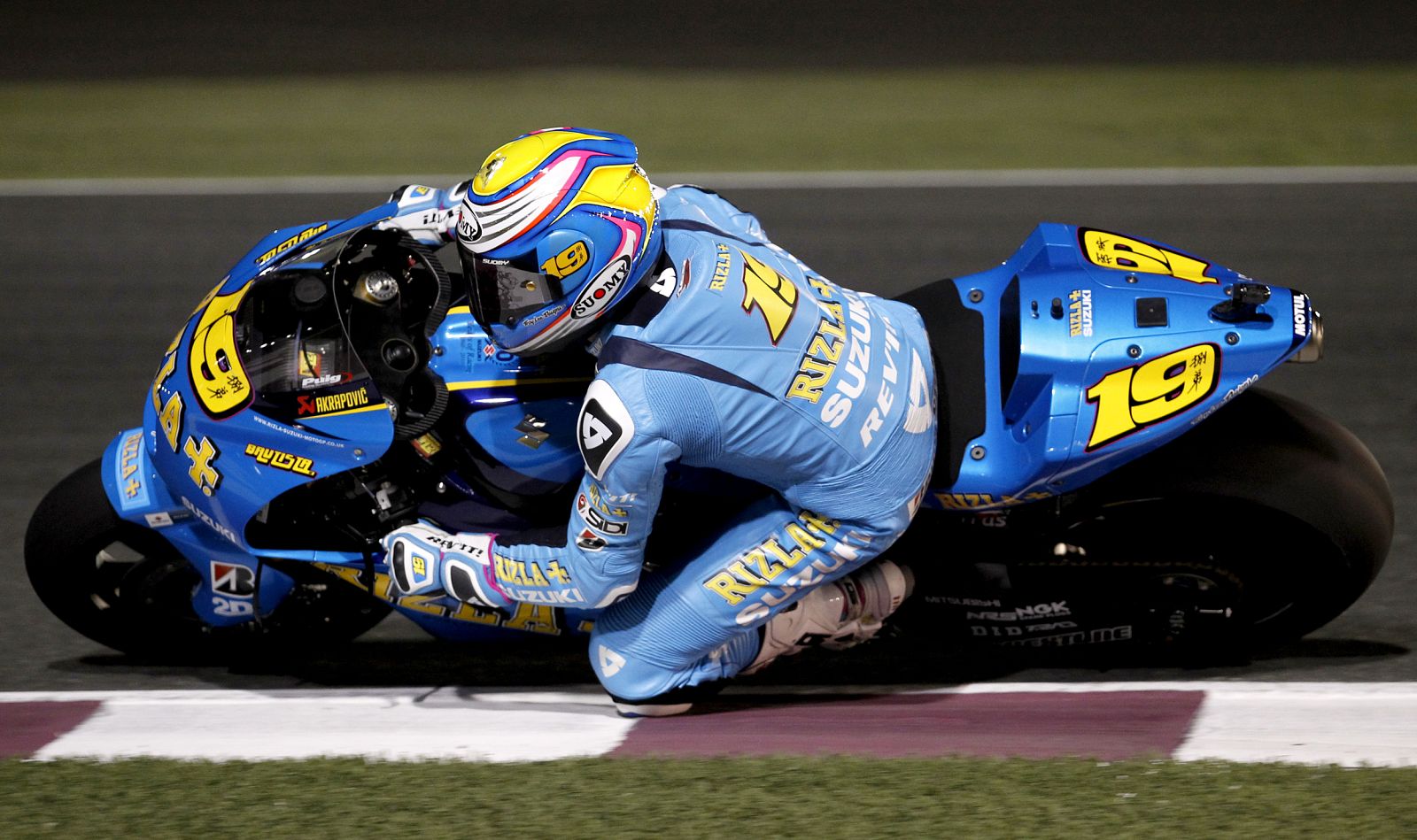 Suzuki rider Alvaro Bautista of Spain rides during a qualifying practice session at the MotoGP World Championship at the Losail