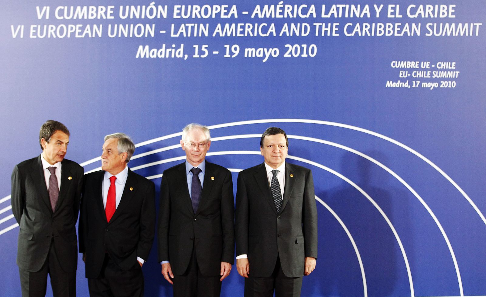 Spain's PM Zapatero, Chile's President Pinera, European Council President Van Rompuy and European Commission President Barroso pose for photo in Madrid