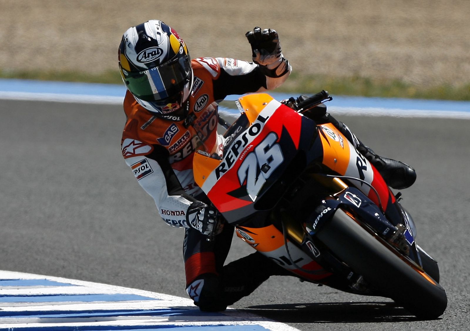 Honda MotoGP rider Pedrosa of Spain greets the crowd after taking pole position during the Spanish Grand Prix in Jerez