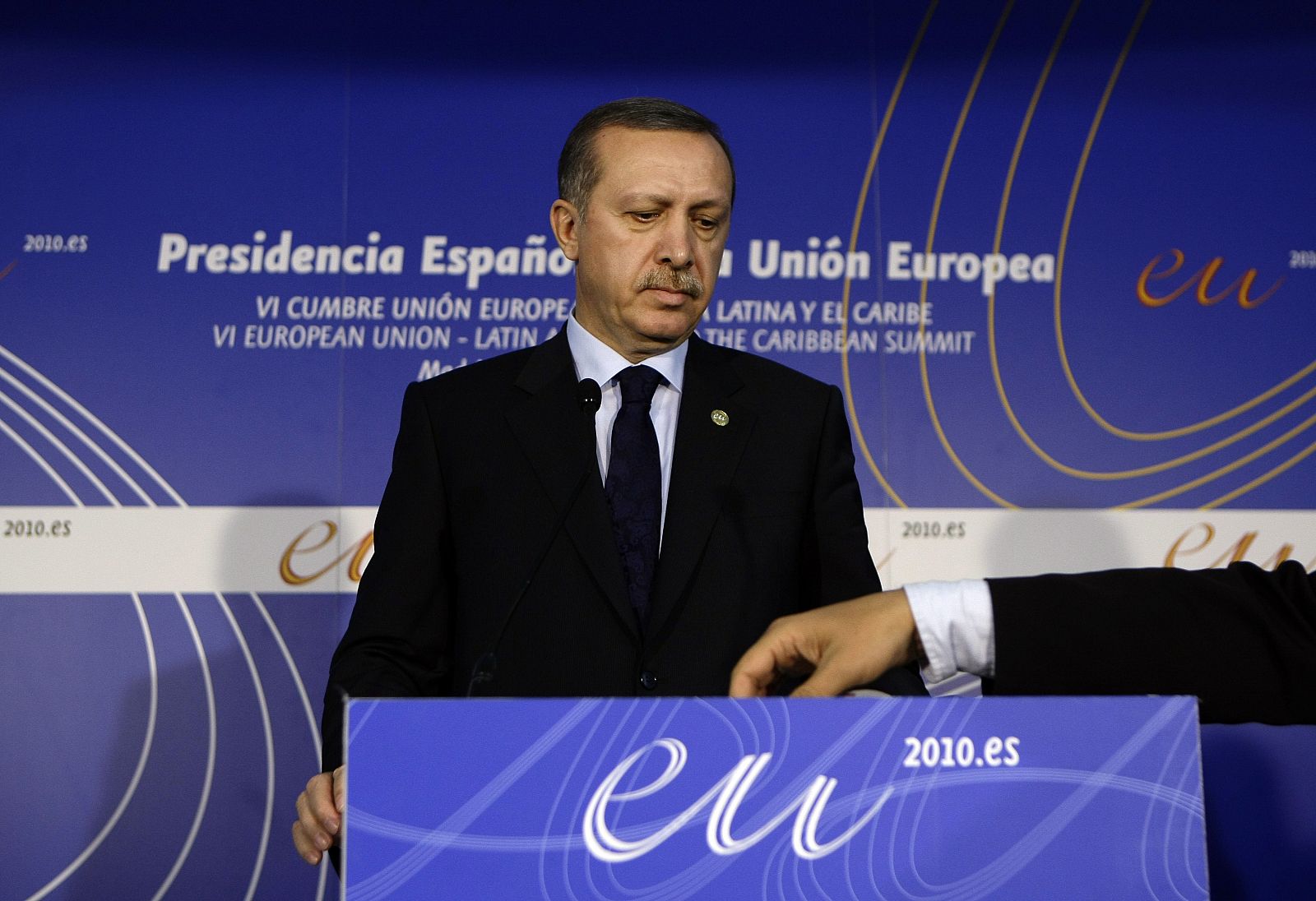 Turkey's PM Erdogan addresses the media during the European Union-Latin American summit in Madrid