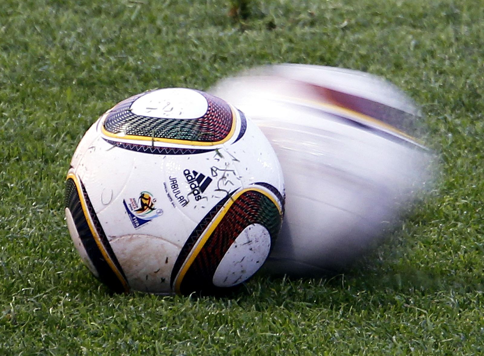 Jabulani, the Afrikaans name given to the FIFA 2010 World Cup ball, is seen during the Brazilian team practice in Johhanesburg