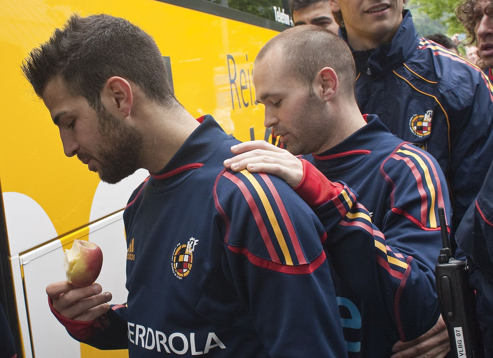 Spain's national soccer players Fabregas and Iniesta leave after a training session in the western Austrian town of Schruns