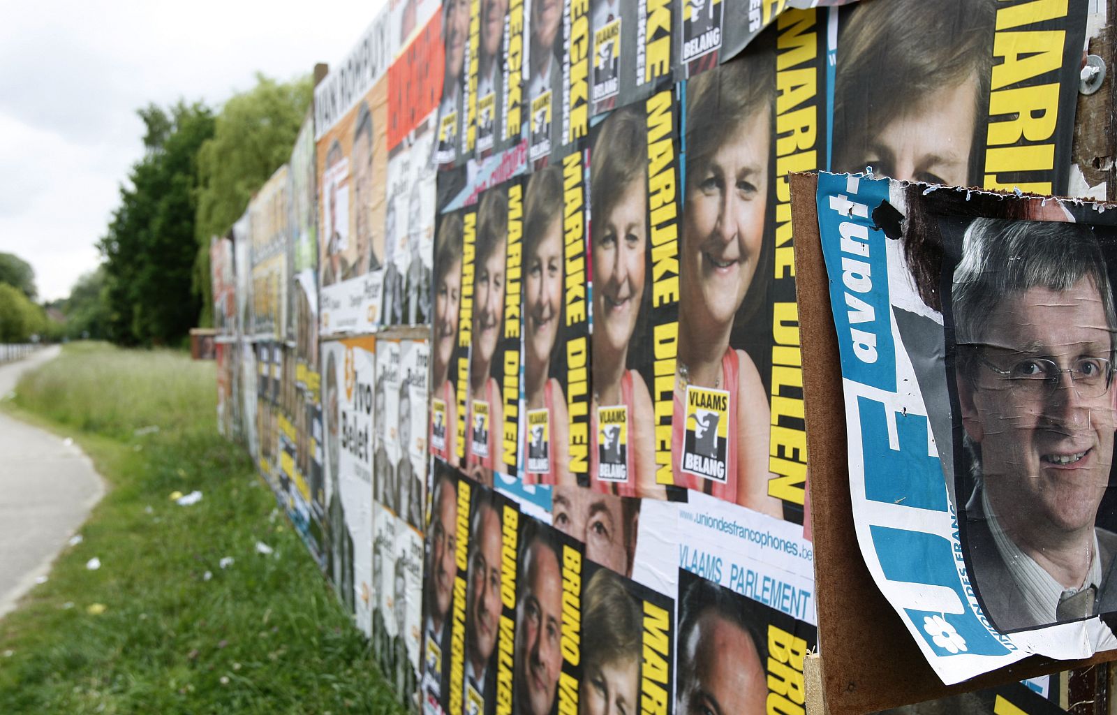Election posters are seen in Kraainem near Brussels