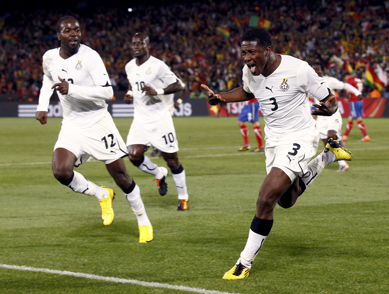 Ghana's Asamoah Gyan celebrates scoring a goal during a 2010 World Cup Group D soccer match against Serbia at Loftus Versfeld stadium