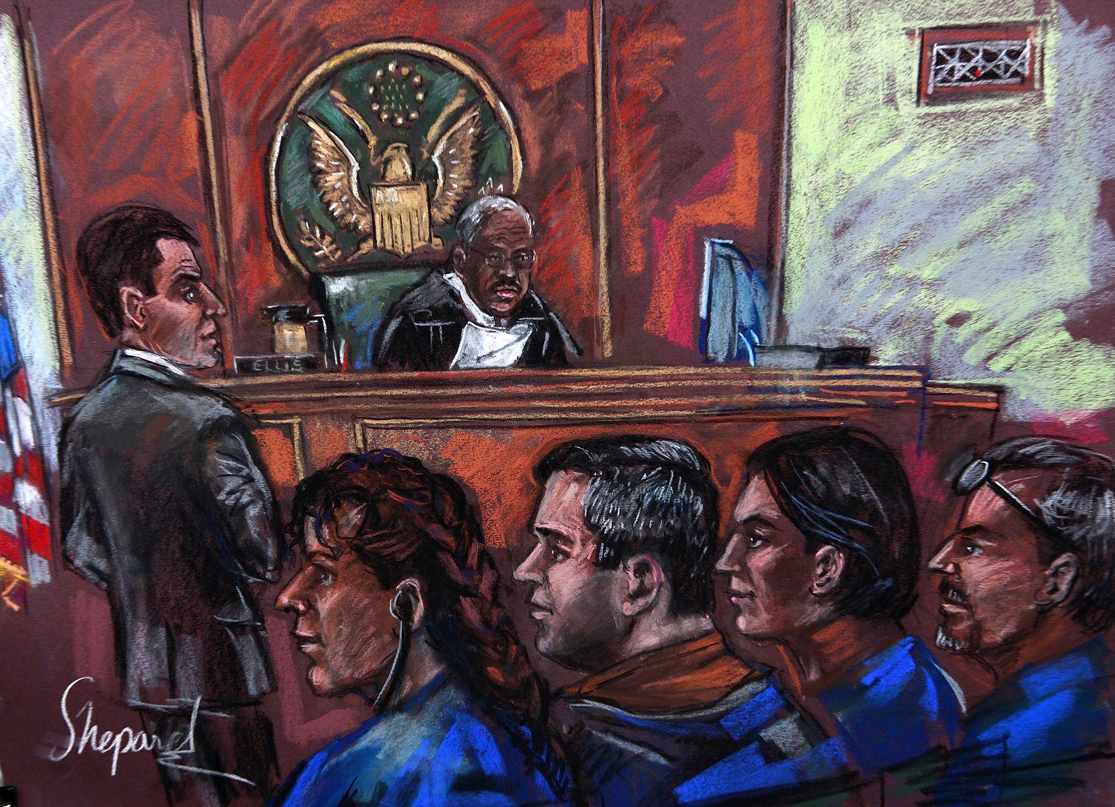 Russian spy suspects are seen in this courtroom sketch during an appearance at the Manhattan Federal Court in New York