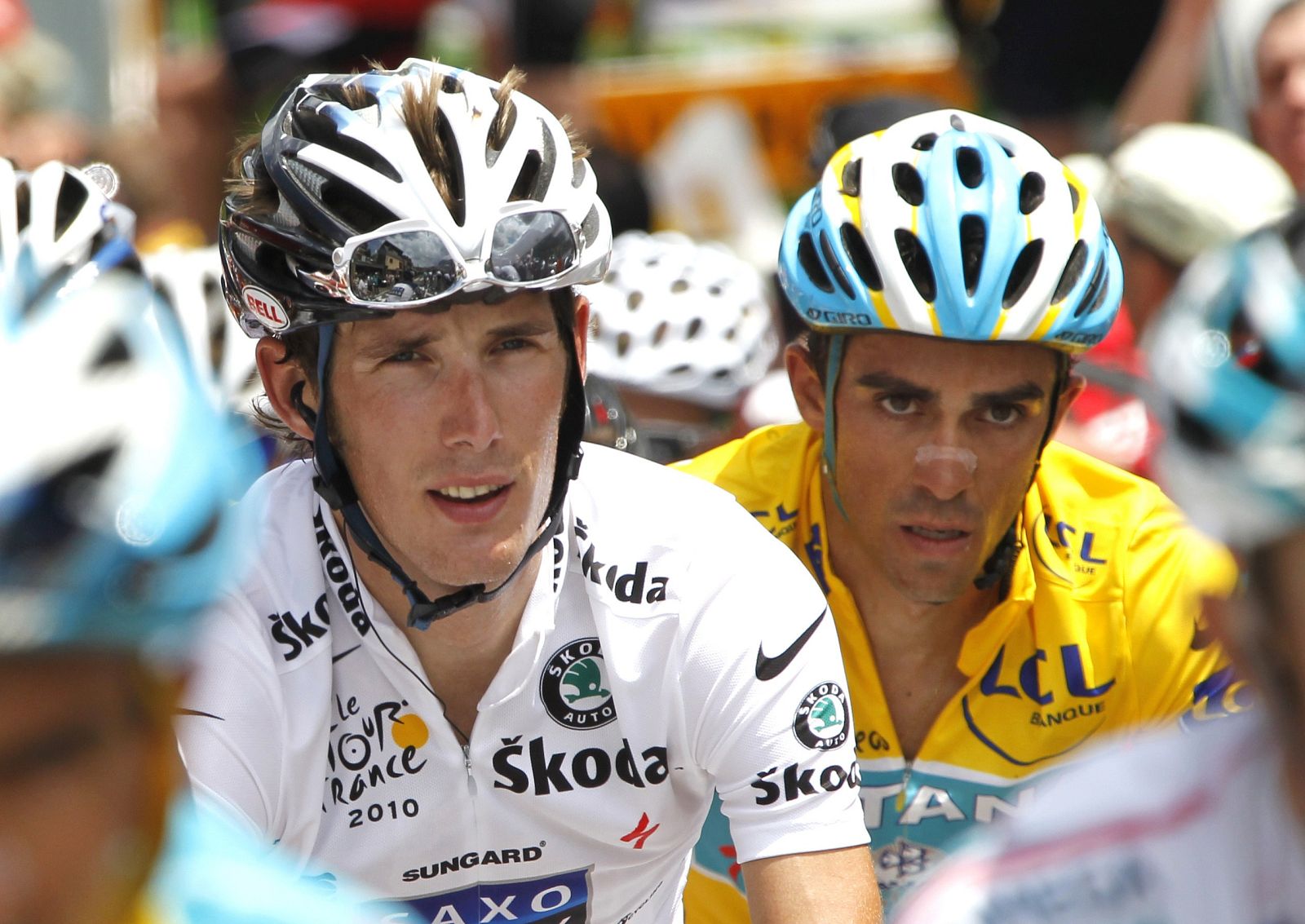 Astana's Contador of Spain cycles with Saxo Bank's Schleck of Luxembourg during the 16th stage of the Tour de France cycling race between Bagneres-de-Luchon and Pau