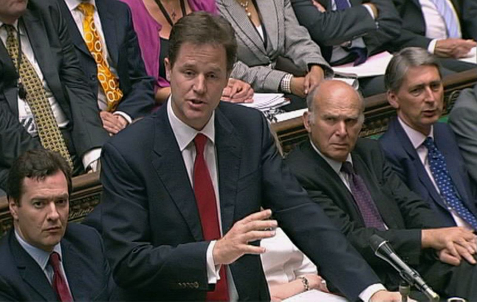 A video grab shows Britain's deputy Prime Ministe Nick Clegg addressing the House of Commons during Prime Ministers Questions in London